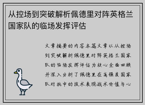从控场到突破解析佩德里对阵英格兰国家队的临场发挥评估 从控场到突破解析佩德里对阵英格兰国家队的临场发挥评估